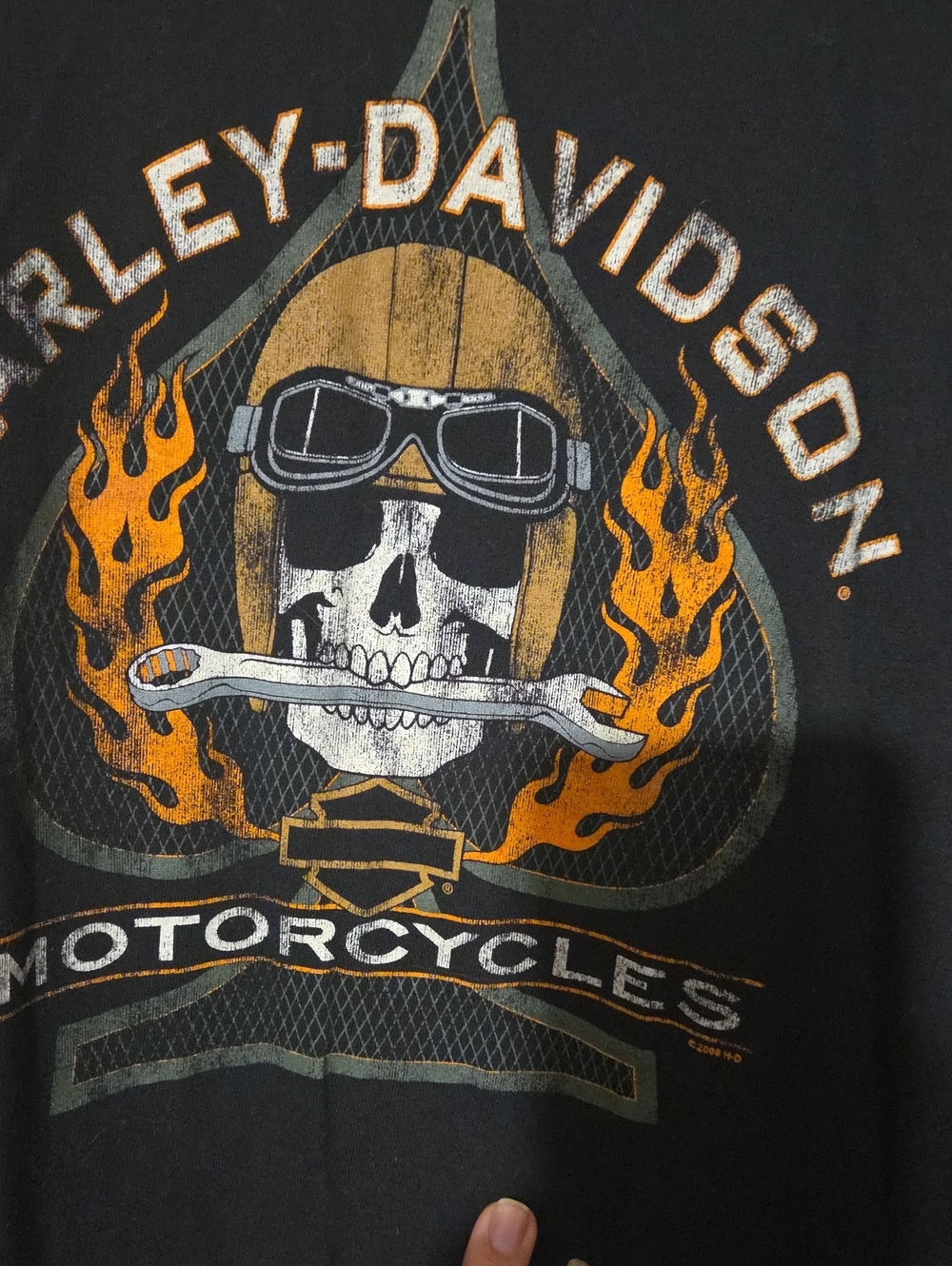 Harley-Davidson Black Tee with Skull, Flames & Wrench Graphic